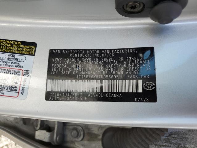 4T1BE46K87U056695 - 2007 TOYOTA CAMRY CE SILVER photo 12