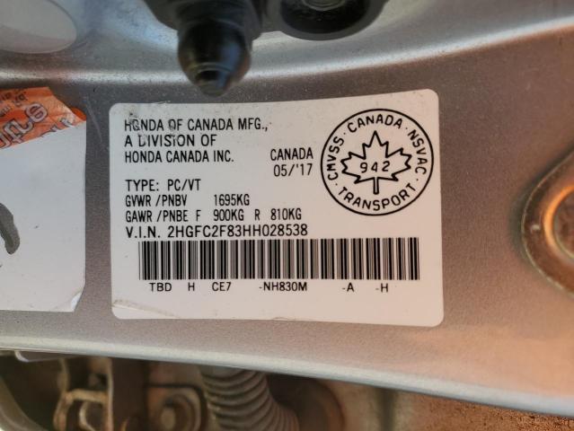 2HGFC2F83HH028538 - 2017 HONDA CIVIC EX SILVER photo 13