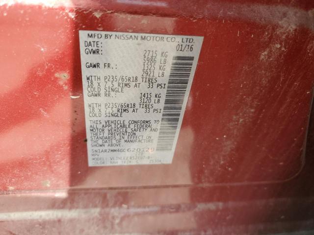 5N1AR2MM4GC620129 - 2016 NISSAN PATHFINDER S 红色 照片 13