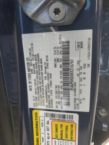 3FA6P0HD0KR216761 - 2019 FORD FUSION SE BLUE photo 12