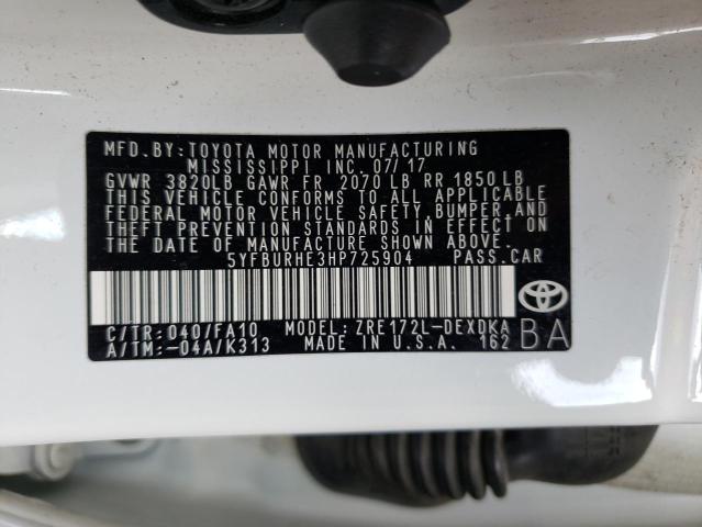 5YFBURHE3HP725904 - 2017 TOYOTA COROLLA L WHITE photo 12