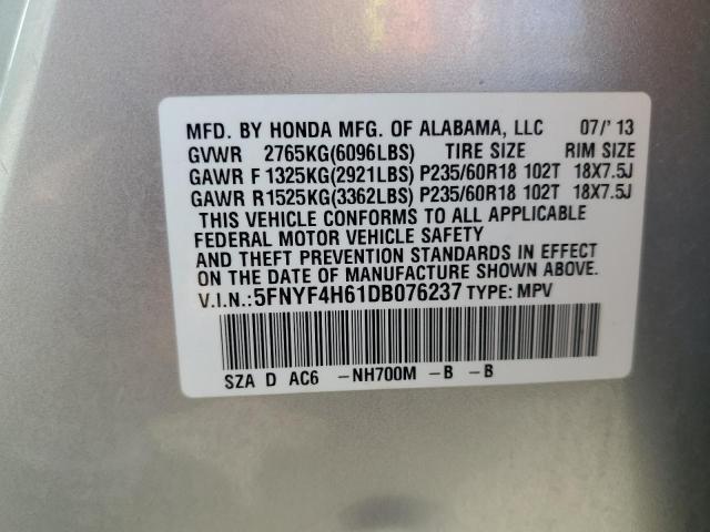 5FNYF4H61DB076237 - 2013 HONDA PILOT EXL Արծաթագույն լուսանկար 14