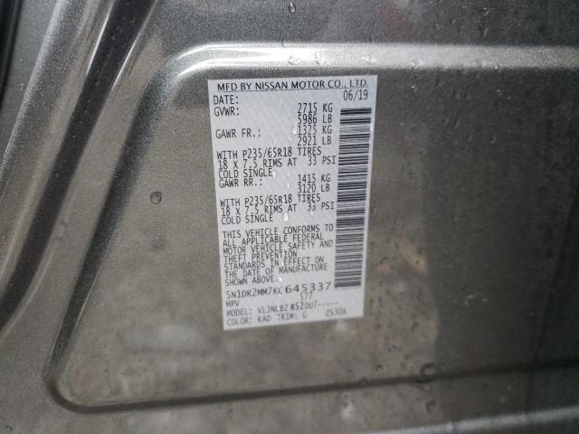 5N1DR2MM7KC645337 - 2019 NISSAN PATHFINDER S GRAY photo 12