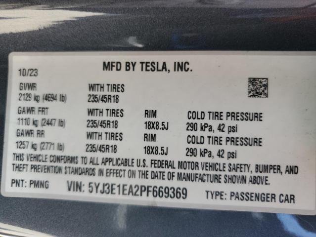 5YJ3E1EA2PF669369 - 2023 TESLA MODEL 3 Boz foto 12