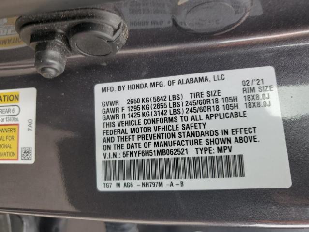 5FNYF6H51MB062521 - 2021 HONDA PILOT EXL 灰色 照片 14