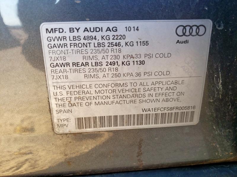WA1EFCFS8FR005816 - 2015 AUDI Q3 PREMIUM PLUS Մոխրագույն լուսանկար 13