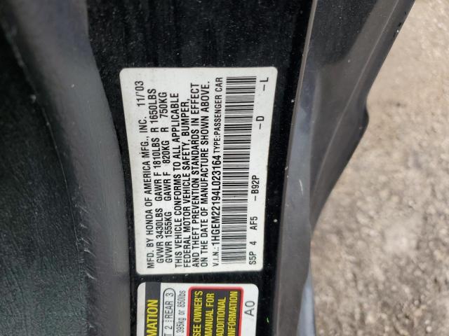 1HGEM22194L023164 - 2004 HONDA CIVIC DX VP أسود صورة 12