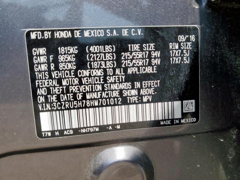 3CZRU5H78HM701012 - 2017 HONDA HR-V EXL GRAY photo 12