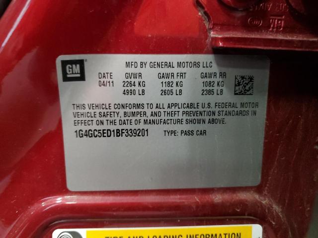 1G4GC5ED1BF339201 - 2011 BUICK LACROSSE CXL RED photo 12