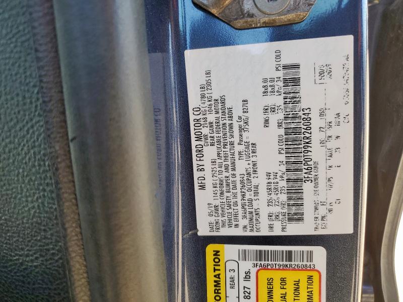 3FA6P0T99KR260843 - 2019 FORD FUSION SE BLUE photo 12