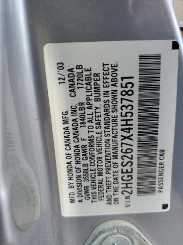 2HGES267X4H537851 - 2004 HONDA CIVIC EX SILVER photo 12