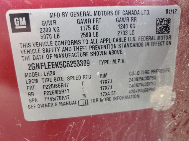 2GNFLEEK5C6253309 - 2012 CHEVROLET EQUINOX LT MAROON photo 13