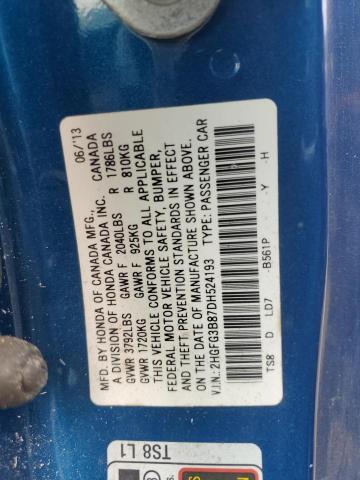 2HGFG3B87DH524193 - 2013 HONDA CIVIC EX BLUE photo 12