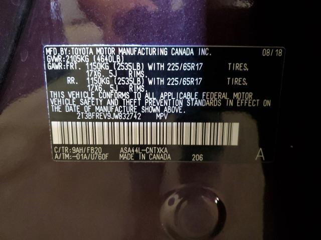 2T3BFREV9JW832742 - 2018 TOYOTA RAV4 LE PURPLE photo 14