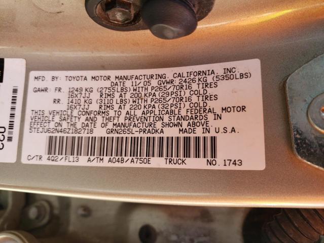 5TEJU62N46Z182718 - 2006 TOYOTA TACOMA DOUBLE CAB PRERUNNER GOLD photo 12