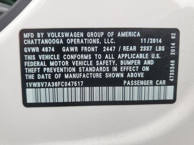 1VWBV7A36FC047517 - 2015 VOLKSWAGEN PASSAT SE WHITE photo 12