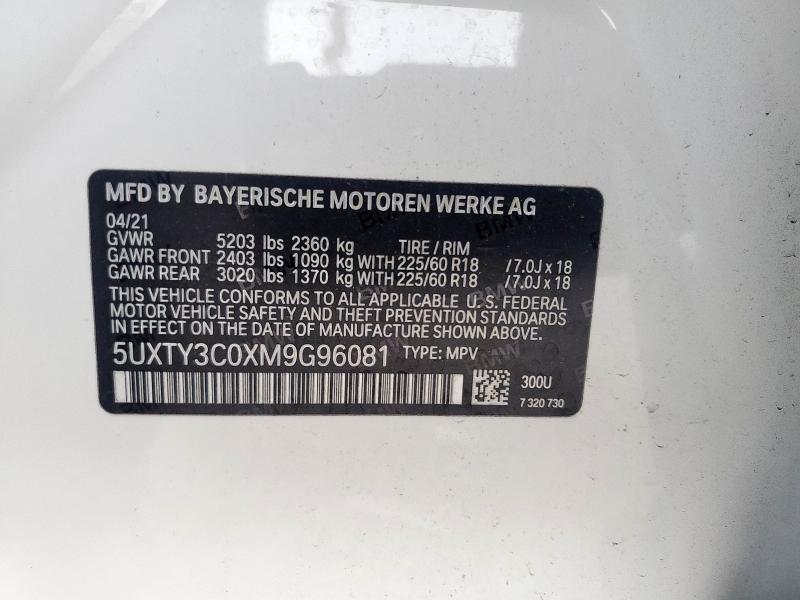 5UXTY3C0XM9G96081 - 2021 BMW X3 SDRIVE30I თეთრი ფოტო 12