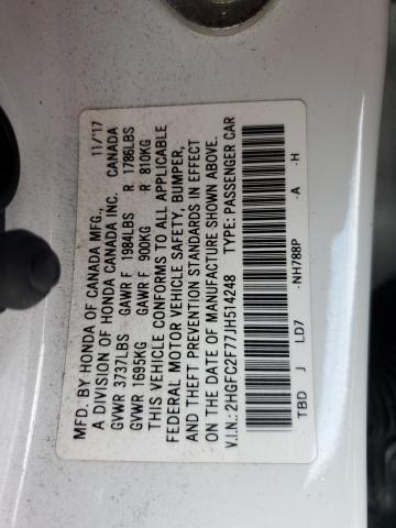 2HGFC2F77JH514248 - 2018 HONDA CIVIC EX 白色 照片 12