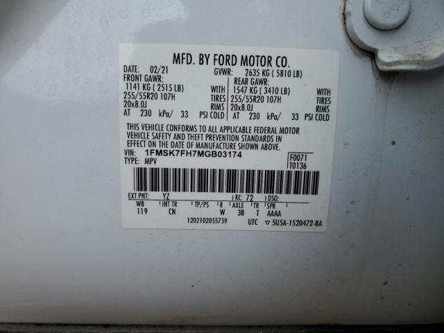 1FMSK7FH7MGB03174 - 2021 FORD EXPLORER LIMITED 白色 照片 13