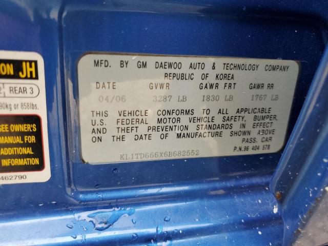 KL1TD666X6B682552 - 2006 CHEVROLET AVEO BASE BLUE photo 12
