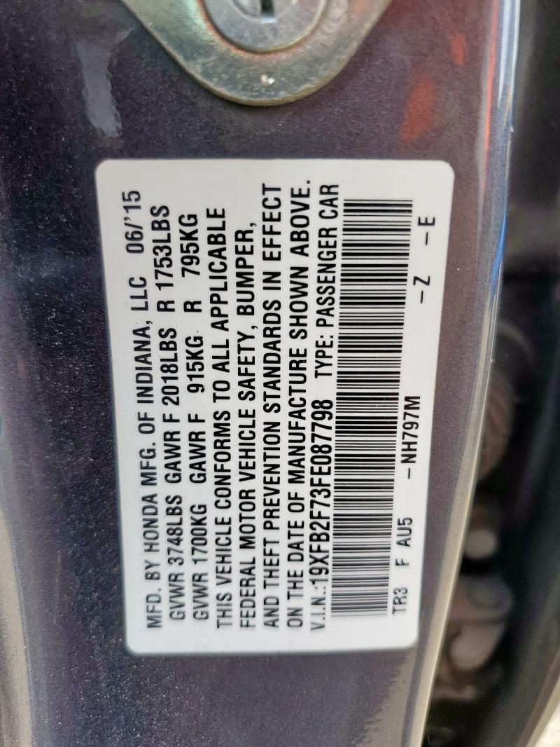 19XFB2F73FE087798 - 2015 HONDA CIVIC SE გრაფიტი ფოტო 12