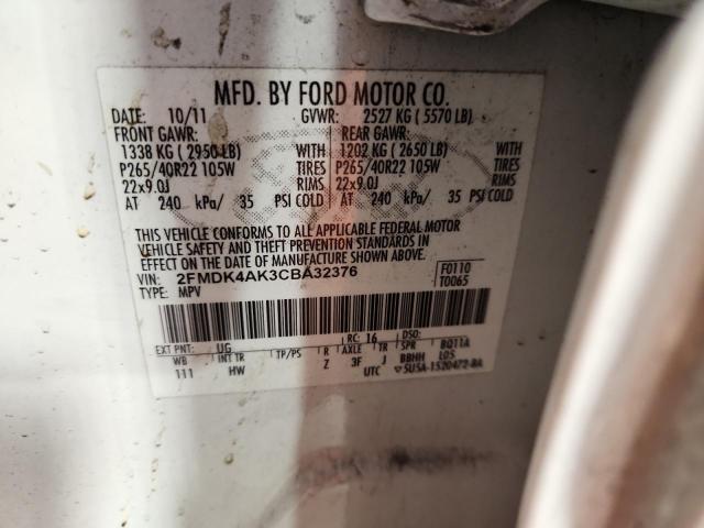 2FMDK4AK3CBA32376 - 2012 FORD EDGE SPORT WHITE photo 13