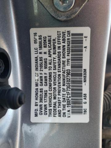 19XFC1F73GE027903 - 2016 HONDA CIVIC EXL ნაცრისფერი ფოტო 12