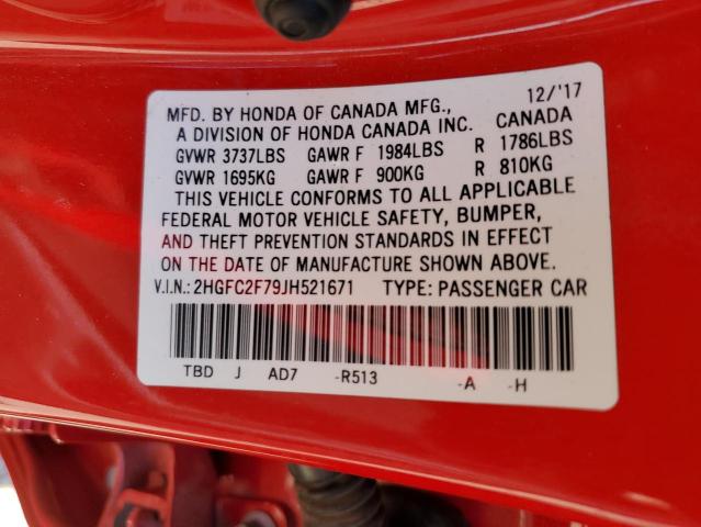 2HGFC2F79JH521671 - 2018 HONDA CIVIC EX Qırmızı foto 12