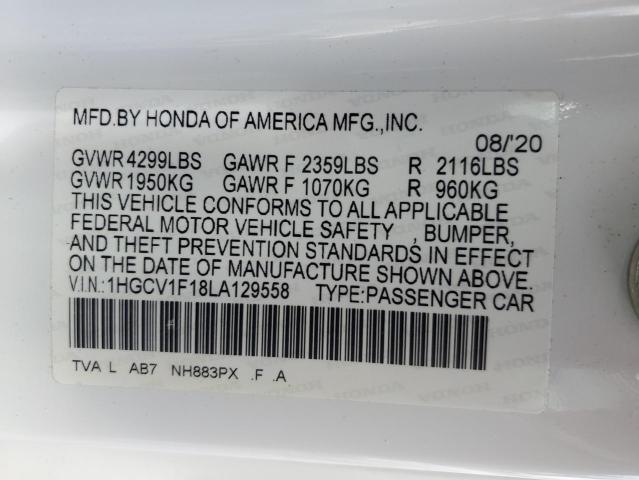 1HGCV1F18LA129558 - 2020 HONDA ACCORD LX WHITE photo 13