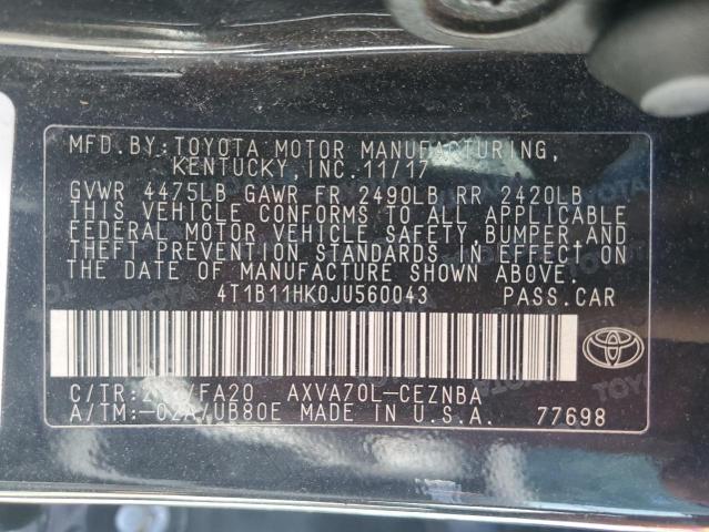 4T1B11HK0JU560043 - 2018 TOYOTA CAMRY L BLACK photo 12