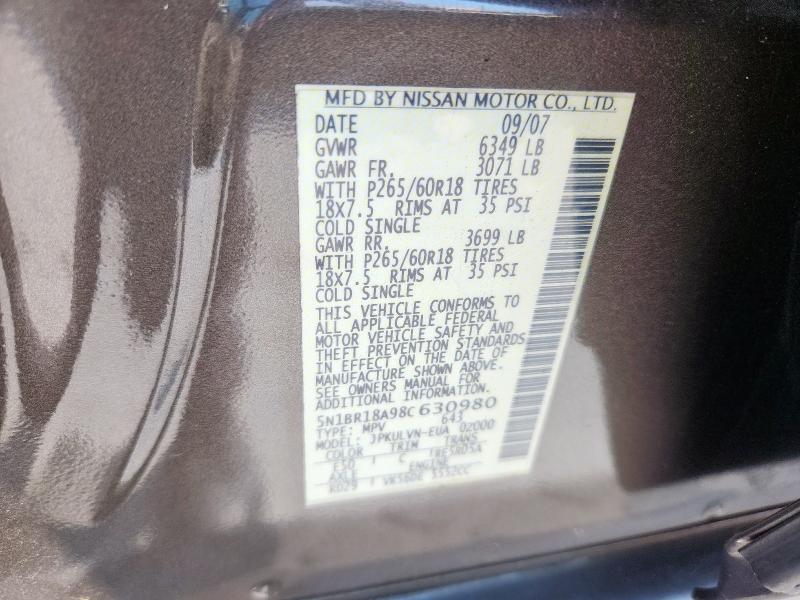 5N1BR18A98C630980 - 2008 NISSAN PATHFINDER LE Marrón foto 13