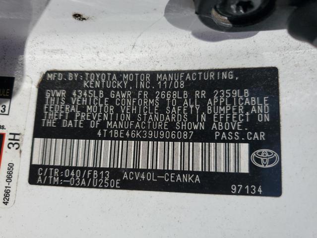 4T1BE46K39U906087 - 2009 TOYOTA CAMRY BASE WHITE photo 12