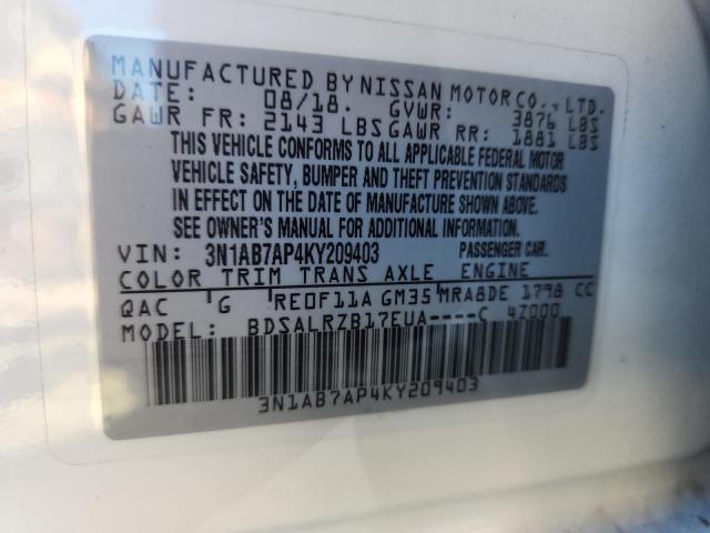 3N1AB7AP4KY209403 - 2019 NISSAN SENTRA S WHITE photo 13