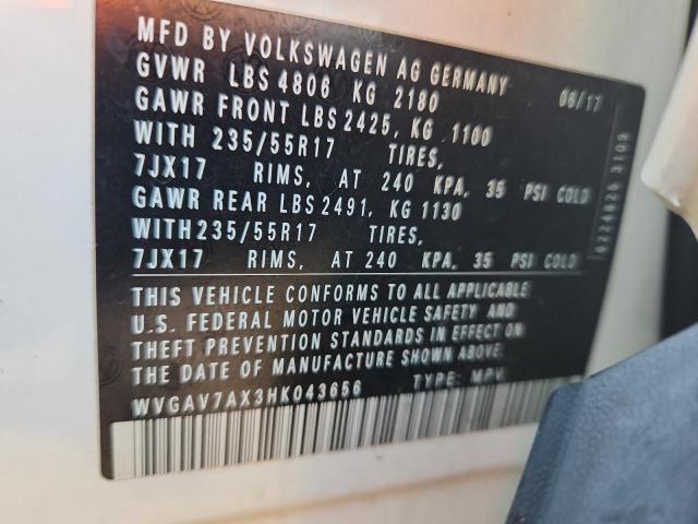 WVGAV7AX3HK043656 - 2017 VOLKSWAGEN TIGUAN S WHITE photo 12