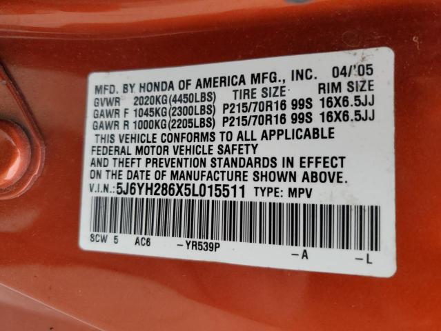 5J6YH286X5L015511 - 2005 HONDA ELEMENT EX ORANGE photo 12