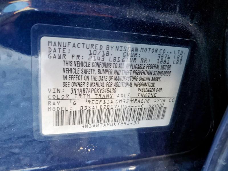 3N1AB7AP0KY245430 - 2019 NISSAN SENTRA S ლურჯი ფოტო 13