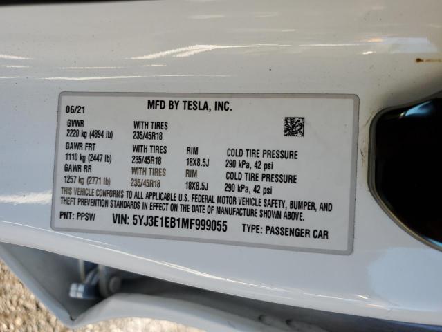 5YJ3E1EB1MF999055 - 2021 TESLA MODEL 3 WHITE photo 12