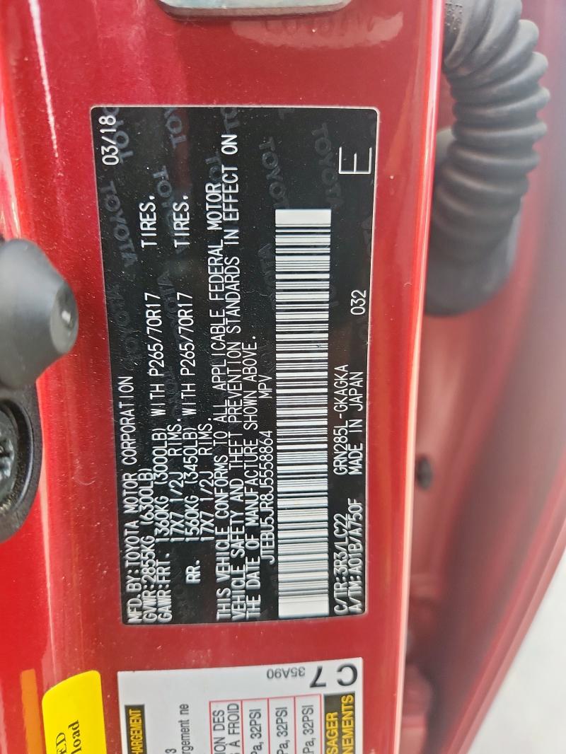 JTEBU5JR8J5558864 - 2018 TOYOTA 4RUNNER SR5/SR5 PREMIUM Rojo foto 13