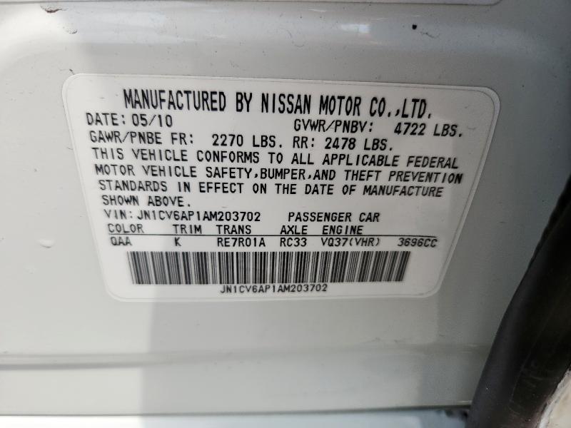 JN1CV6AP1AM203702 - 2010 INFINITI G37 BASE WHITE photo 12