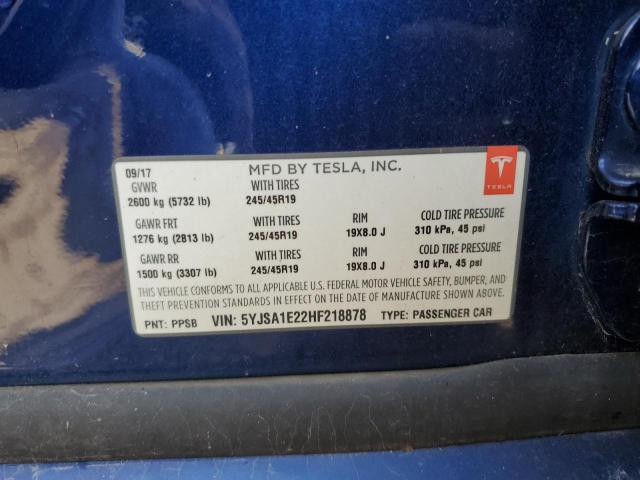 5YJSA1E22HF218878 - 2017 TESLA MODEL S 蓝色 照片 12