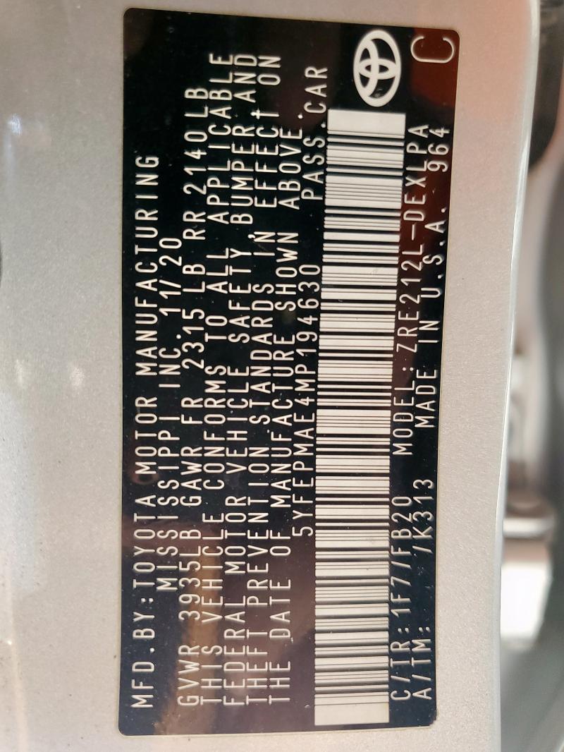 5YFEPMAE4MP194630 - 2021 TOYOTA COROLLA LE SILVER photo 12