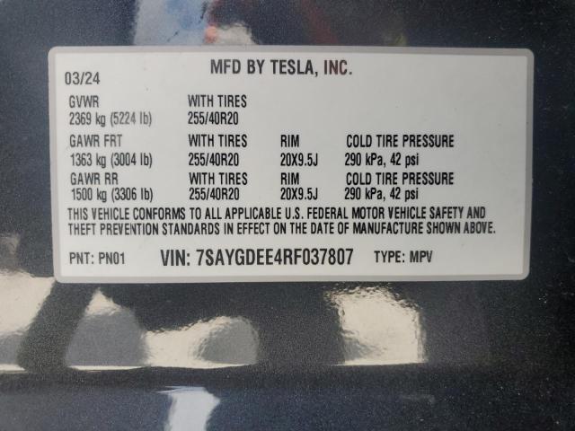 7SAYGDEE4RF037807 - 2024 TESLA MODEL Y 灰色 照片 12