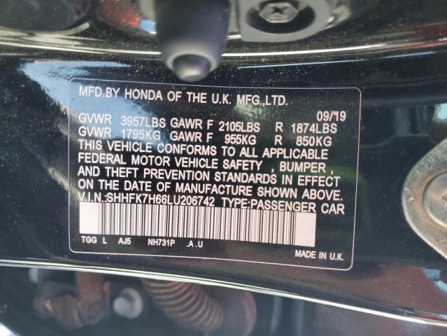 SHHFK7H66LU206742 - 2020 HONDA CIVIC EX BLACK photo 12