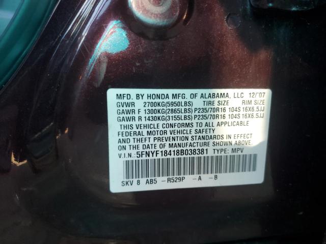 5FNYF18418B038381 - 2008 HONDA PILOT EX იასამნისფერი ფოტო 13