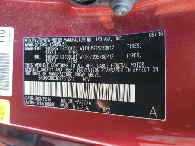 5TDKK3DC3GS751271 - 2016 TOYOTA SIENNA LE 勃艮第红 照片 13