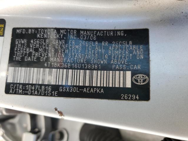 4T1BK36B16U138981 - 2006 TOYOTA AVALON XL 银色 照片 13