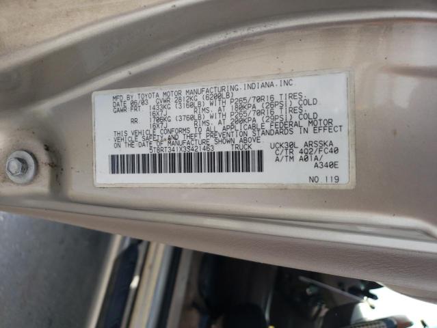 5TBRT341X3S421463 - 2003 TOYOTA TUNDRA ACCESS CAB SR5 GOLD photo 12