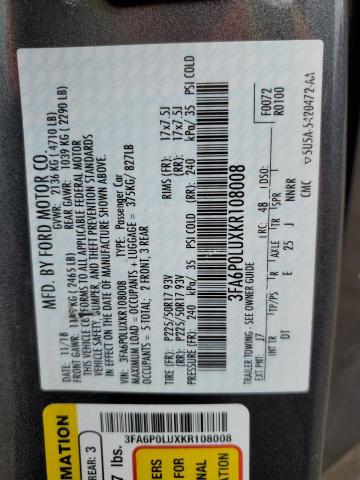 3FA6P0LUXKR108008 - 2019 FORD FUSION SE CHARCOAL photo 12