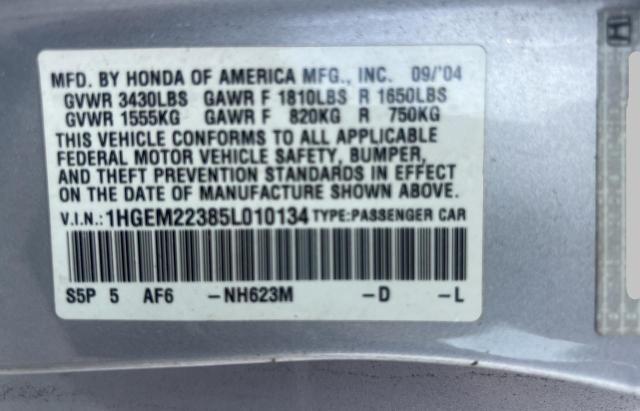 1HGEM22385L010134 - 2005 HONDA CIVIC DX VP Արծաթագույն լուսանկար 10