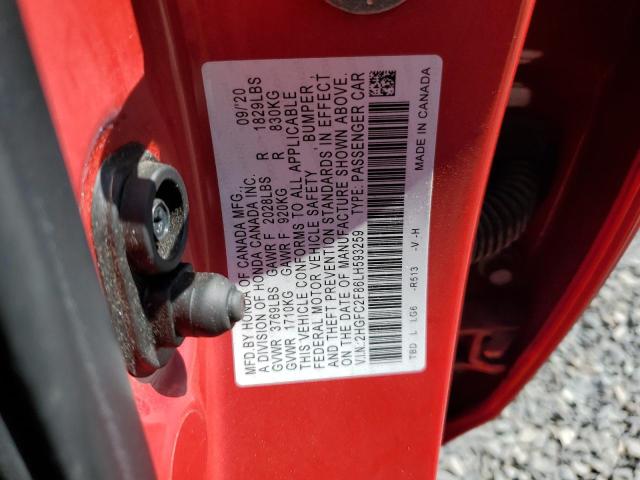 2HGFC2F86LH593259 - 2020 HONDA CIVIC SPORT წითელი ფოტო 12